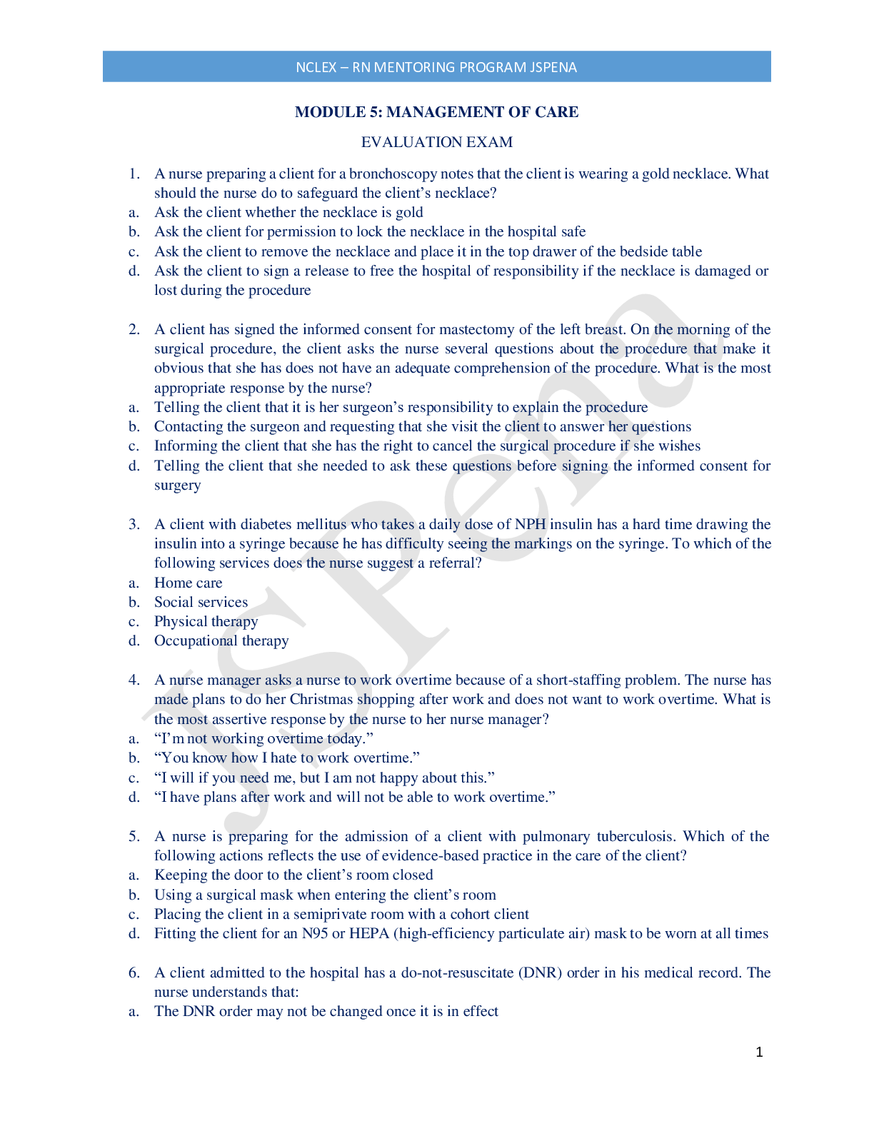 Preview image for NCLEX – RN MENTORING PROGRAM JSPENA With RATIONALE (A Graded) Latest Questions and Complete Solutions